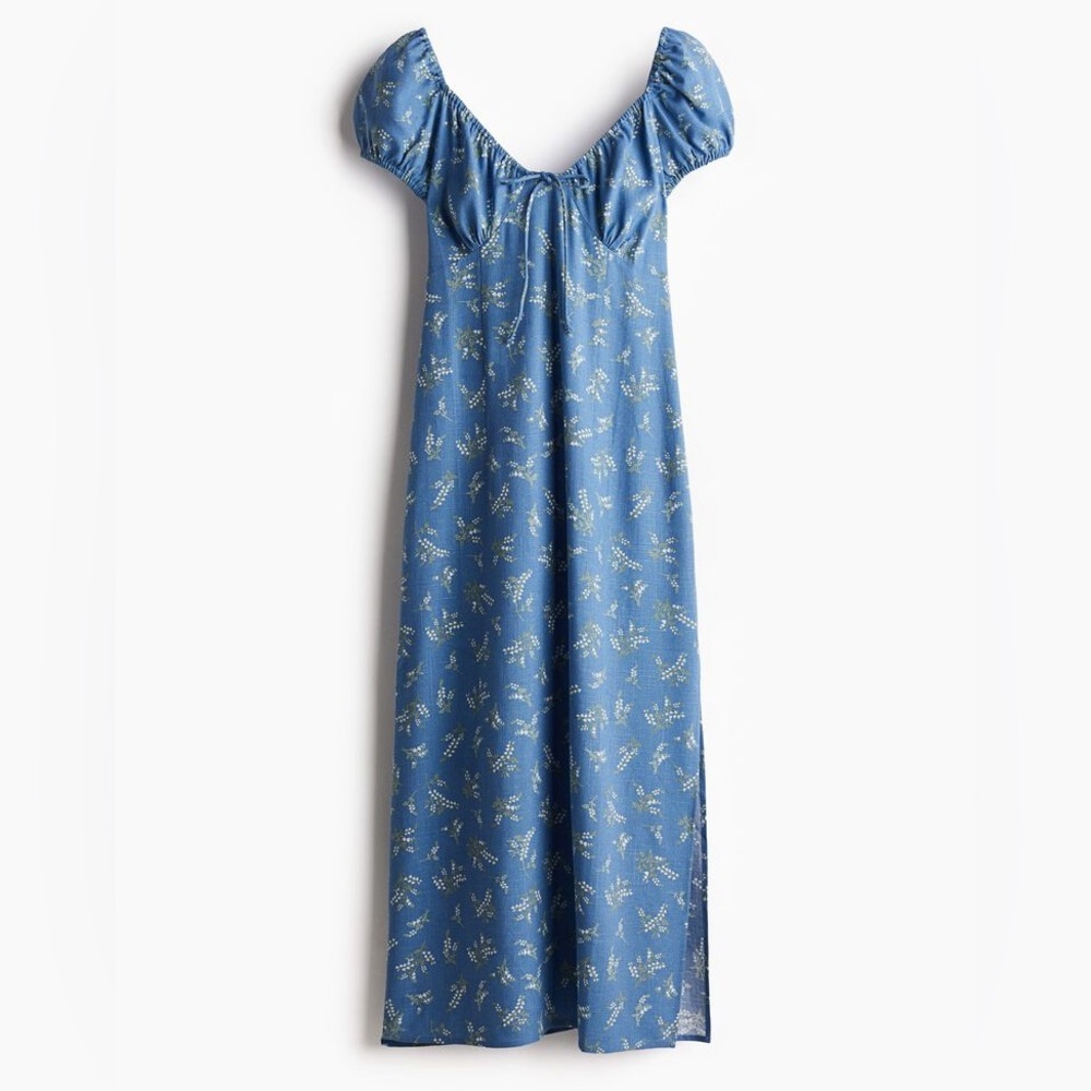 H&M Blue and White Linen Blend Patterned Dress
